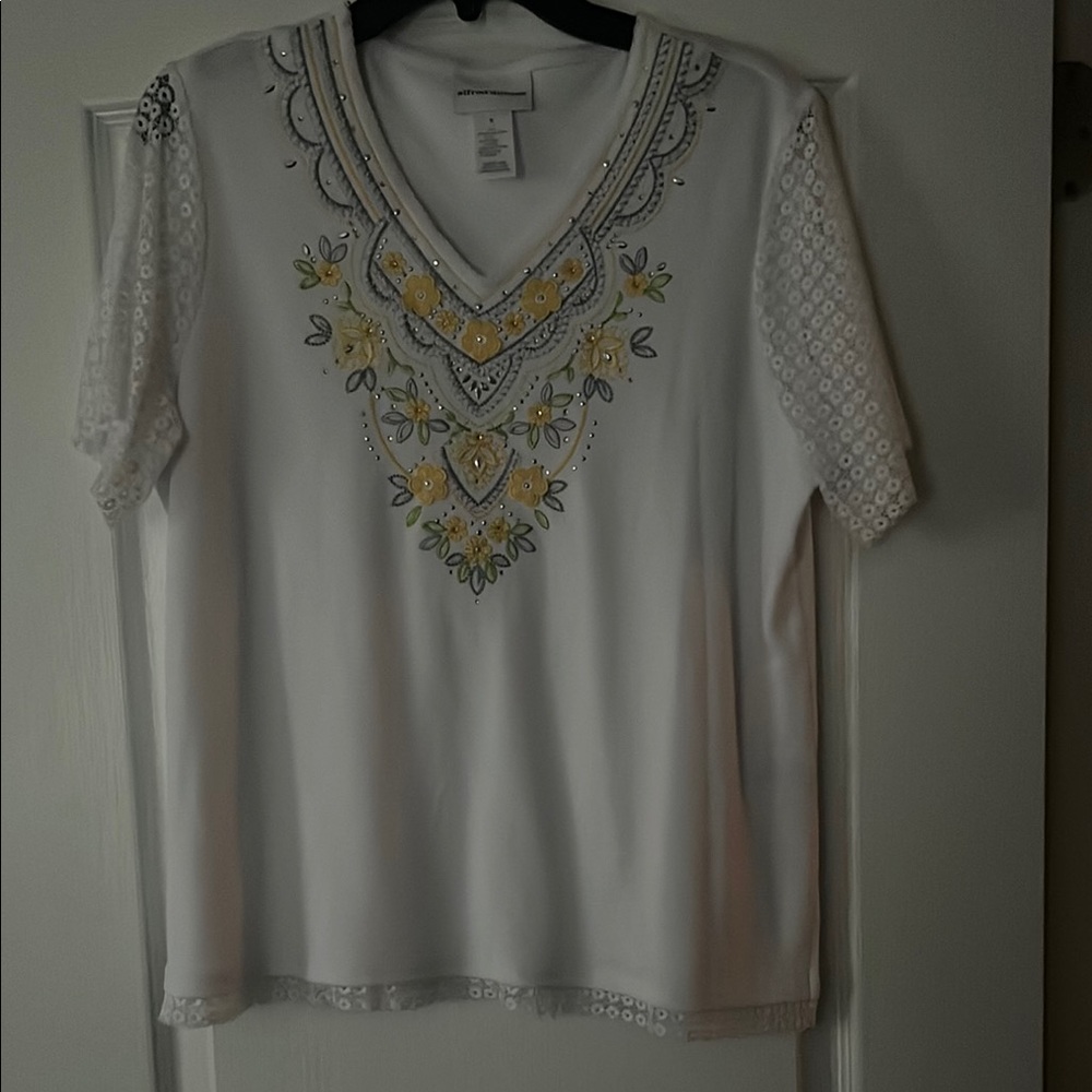 White Embroidered V-Neck Top